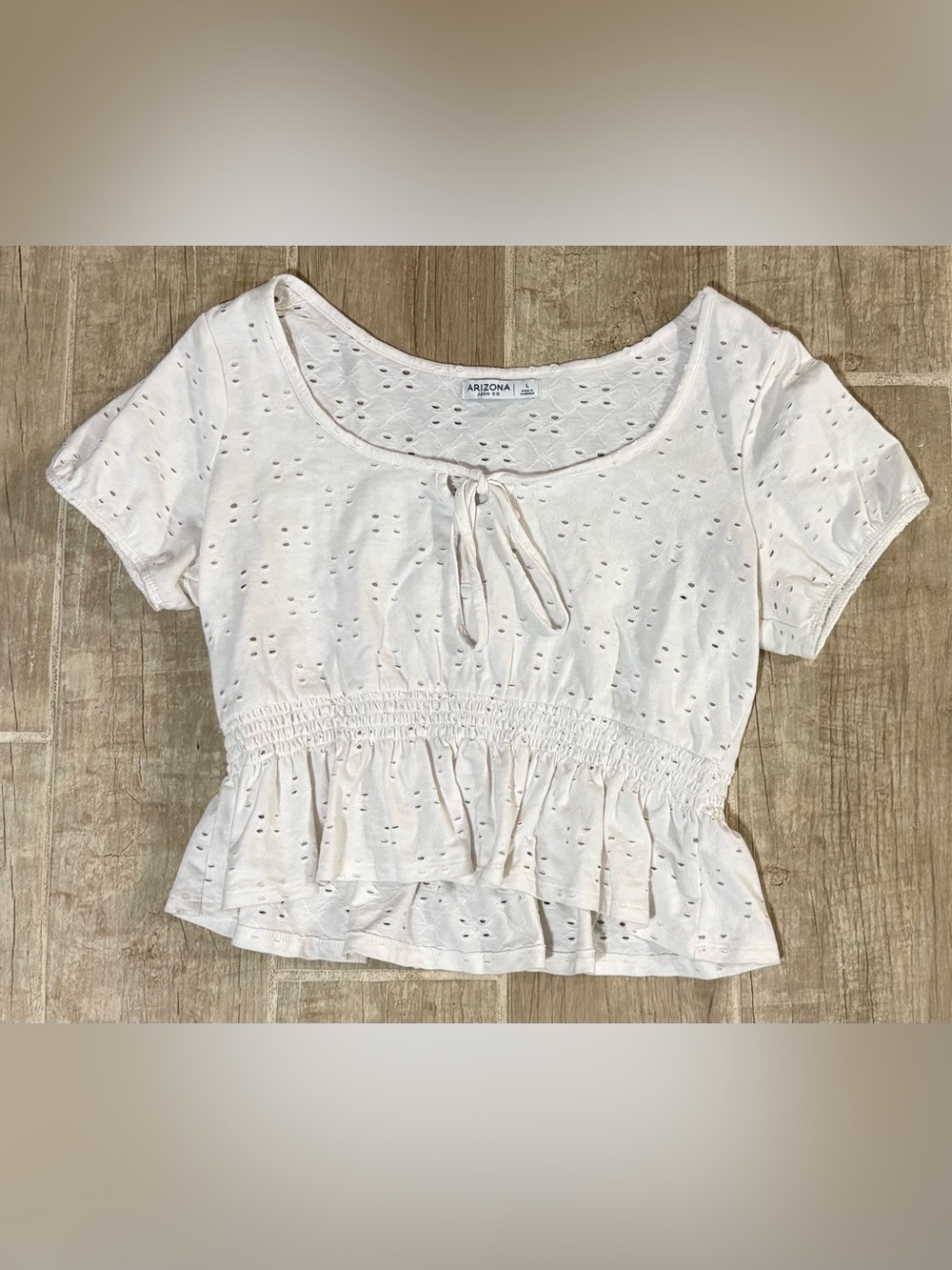 Arizona Jean Company Cream Eyelet Tie-Front Peplum Crop Top